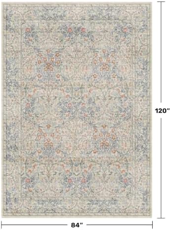 7x10 Washable Rug for Living Room - Stain Resistant Dining Room Rugs for Under Table, Soft Low Pile Large Carpet for Bedroom - Vintage Floral Non-Slip (Beige Blue)