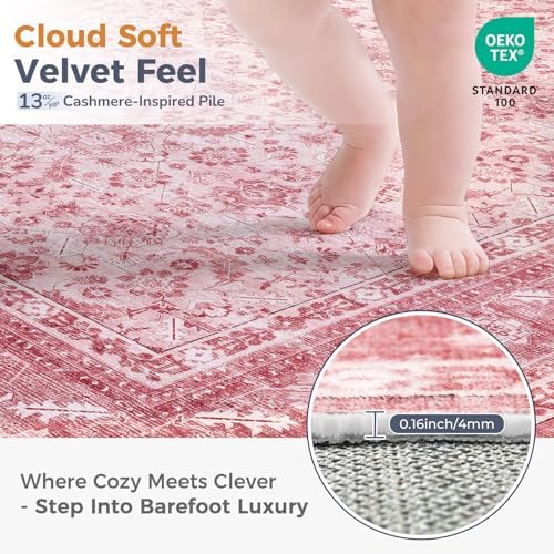 OPPODREAM Vintage Pink Area Rugs 3x10, Washable Rug for Living Room