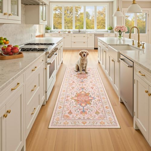 RELEANY Washable Area Rug, Runner 3'x8', Pink/Light Pink/Colorful