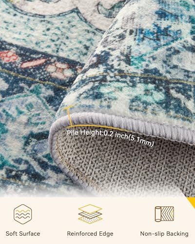 RELEANY Washable Area Rug, Round 10ft, Teal Green/White/Navy