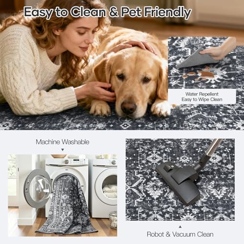 5x7 Area Rugs for Living Room Bedroom, Black Washable Non-Slip Carpet