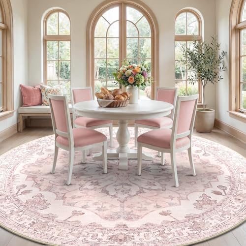 RELEANY Washable Area Rug, Round 10ft, Pink