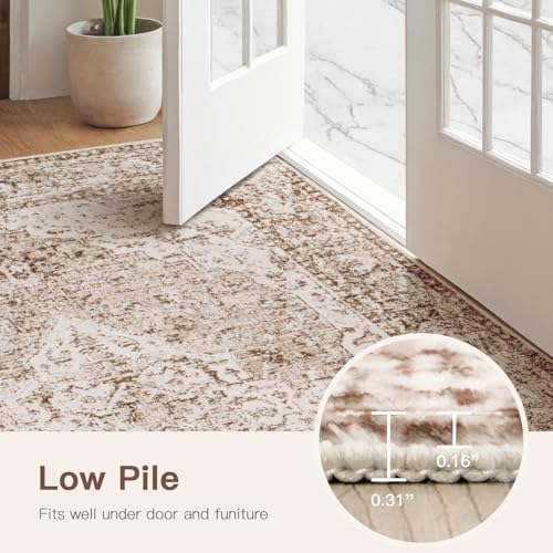 Lofus 2x5 Runner Rug for Hallways, Washable Kitchen Rugs, Non-Slip Rugs for Entryway and Bedroom, Vintage Boho Carpet, Soft Low Pile Long Runner Area Rug, Vintage Beige Brown