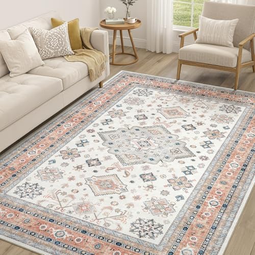 cotiled 5x7 Area Rug for Living Room, Washable, Traditional, Coral Pink