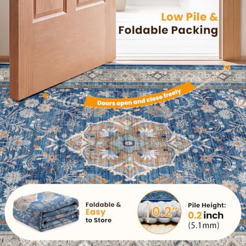 SameBed 5x7 Area Rug Living Room, Vintage Washable Carpet Blue