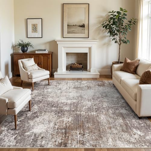 8x8 Square Living Room Area Rug – Washable Modern Neutral Abstract Indoor Rug for Bedroom, Dining Room, Kitchen – Non-Slip Soft Low-Pile Floor Carpet (Brown Beige,8x8)