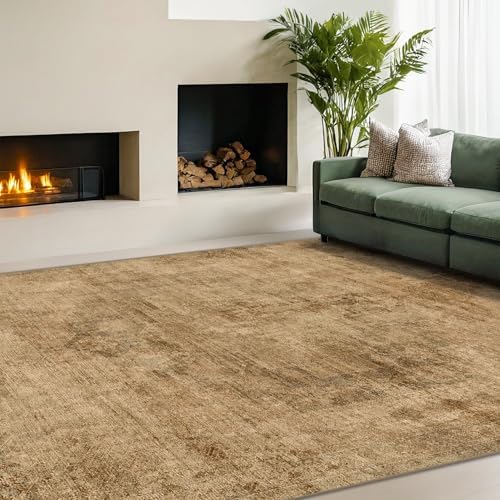 Large Entryway Rug Washable - 5x8 Brown and Mustard Yellow Rug for Mudroom, Foyer, Hall, Living Room, Washable Low Pile Stain Resistent, Distressed Design