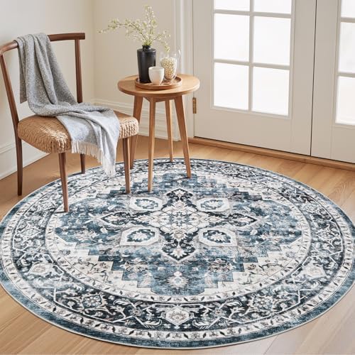 Amada Round 4x4 Washable Area Rug for Living Room, Blue, Vintage Style