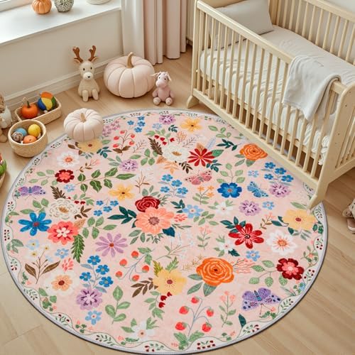 PLHXFR Round Area Rug Living Room: 6 ft Floral Washable Soft Carpet Beige