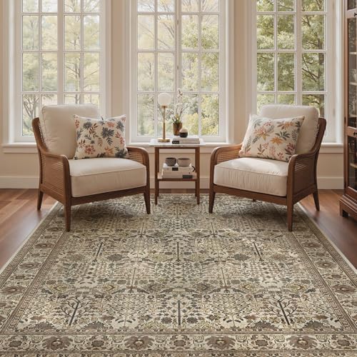 Bavni 4x6 Area Rug for Living Room, Washable Low Pile, Cream Brown