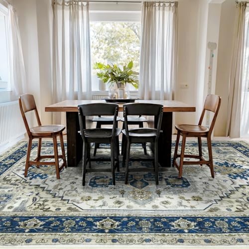 Area Rugs for Living Room 9x12 - Large Machine Washable Vintage Oriental Soft Rug, Low Pile Thin Carpet with Non Slip Backing for Bedroom, Dorm, Under Dining Room Table, Indoor House, Office Decor