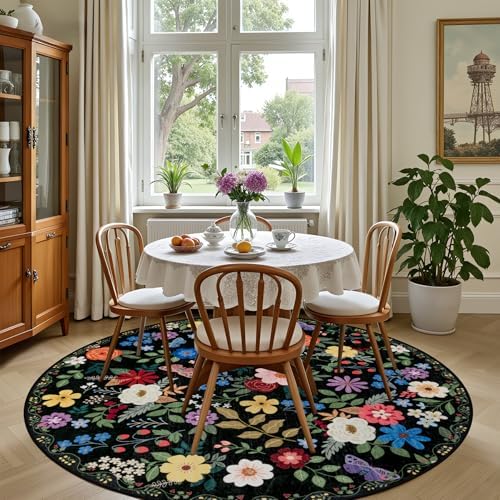 PLHXFR Round Area Rug Living Room: 4 ft Floral Washable Soft Carpet Black