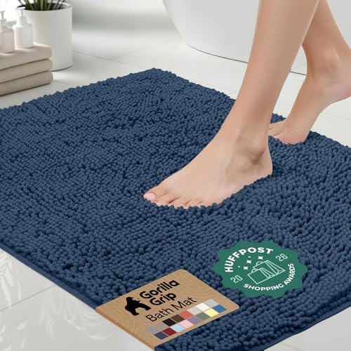 GORILLA GRIP Bath Rug Mat for Bathroom, Absorbent Chenille, 44x26 Navy Blue