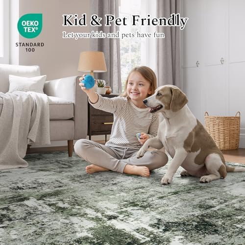 Rugflix 5x7 Area Rugs for Living Room, Washable Dark Green Large Rug