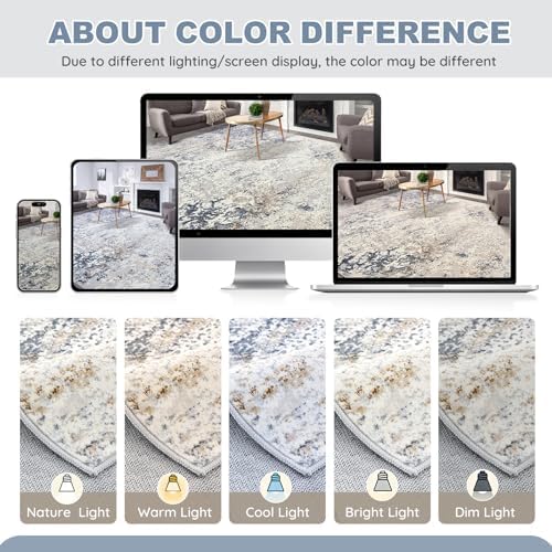 DMOYEST 4ft Round Area Rug Living Room Rugs - 4x4 Washable Large Soft Indoor Neutral Modern Abstract Low Pile Rug Carpet for Bedroom Dining Room Farmhouse Home Office - Beige Blue