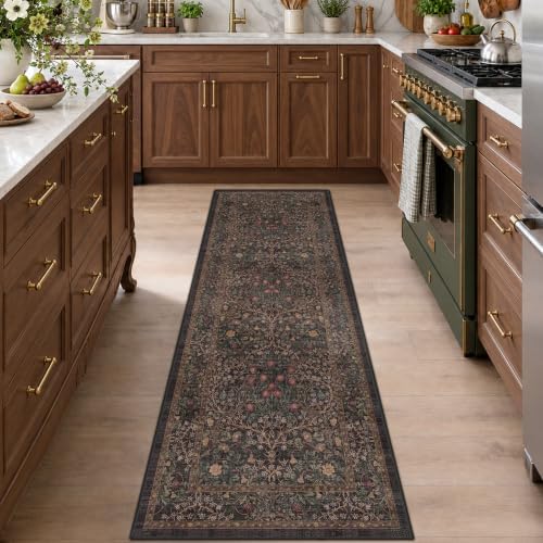 Boho Vintage 2x7 Long Runner Rugs for Entryway, Ultra Thin Kitchen, Bathroom, Hallway Rug, Low-Pile Washable Dark Brown Natural Floral Rug, Non-Slip Stain & Fade Resistant