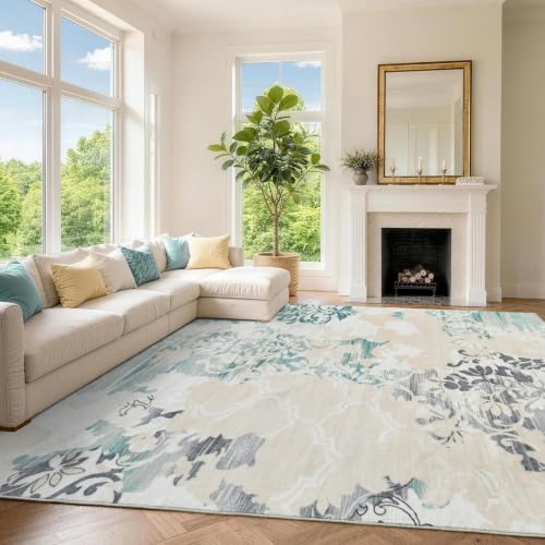 9x12 Washable Non-Slip Area Rug for Living Room (Beige)