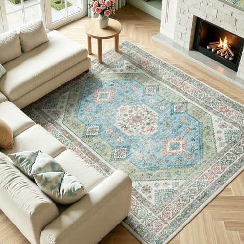 Lofus Living Room Rugs 5x7, Boho Sage Green and Light Blue Washable Carpet
