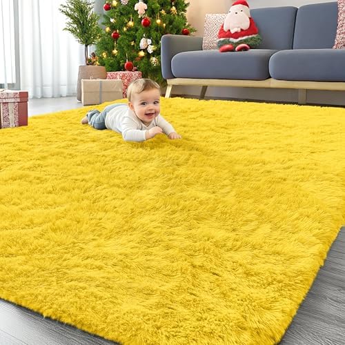 OLANLY 8x10 Machine Washable Large Area Rugs for Living Room, Bedroom, Soft Fluffy Shaggy Bedside Rug, Indoor Floor Carpet for Kids Girls and Boys, Dorms, Nursery, Home Decor Aesthetic, Yellow