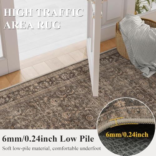 JOOJA 6x9 Brown Vintage Boho Washable Area Rug, Soft Low Pile Floor Carpet