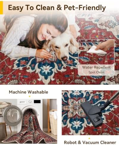 RELEANY Washable Area Rug, Runner 3'x7', Red/Blue
