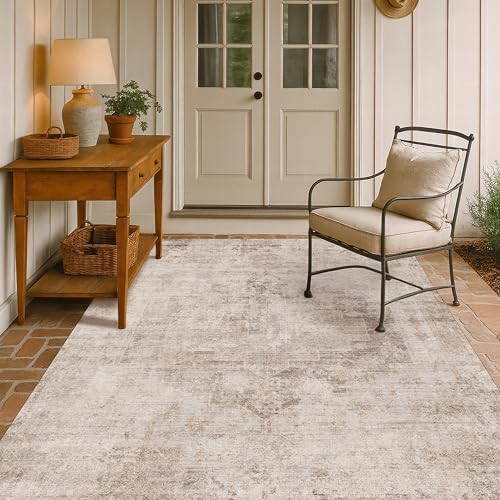Hazo Haus Washable 5x7 Area Rugs for Living Room, Neutral Beige & Peach Farmhouse Rug for Dining Room & Bedroom, Ultra Soft Low-Pile Non-Slip Stain Resistant, Distressed Design