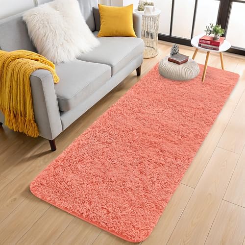 OLANLY 2x5 Machine Washable Runner Rugs for Hallway, Soft Fluffy Shaggy Bedside Rugs for Bedroom, Living Room, Indoor Floor Carpet for Kids Girls and Boys, Home Decor Aesthetic, Coral Red