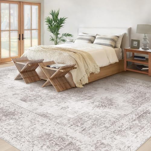 XLUEZ Area Rug 10x14 Living Room Rug, Machine Washable Vintage Distressed Medallion Rug Non-Slip Soft Low Pile Large Indoor Rugs for Bedroom Kitchen Dining Room Office(Grey,10'x14')