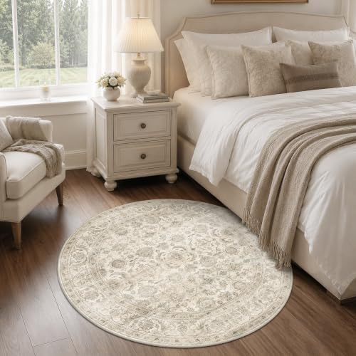 JOOJA 3x3 Beige Vintage Soft Low Pile Washable Boho Small Round Kitchen Rug