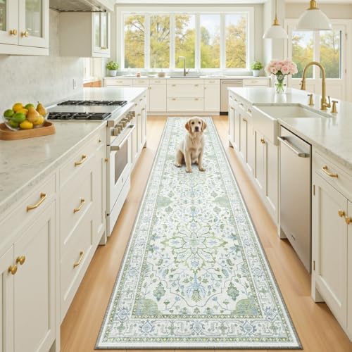 RELEANY Washable Area Rug, Runner 2'6"x10', Green/White/Blue