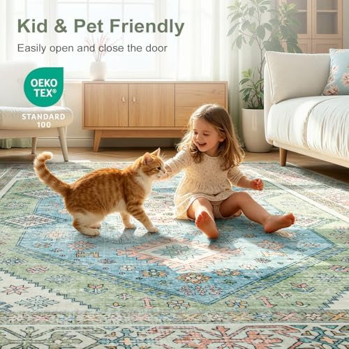 Lofus Living Room Rugs 5x7, Boho Sage Green and Light Blue Washable Carpet