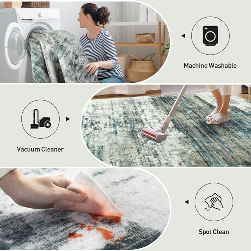 5x7 Area Rugs for Living Room: Washable Abstract Teal Green Bedroom Carpet