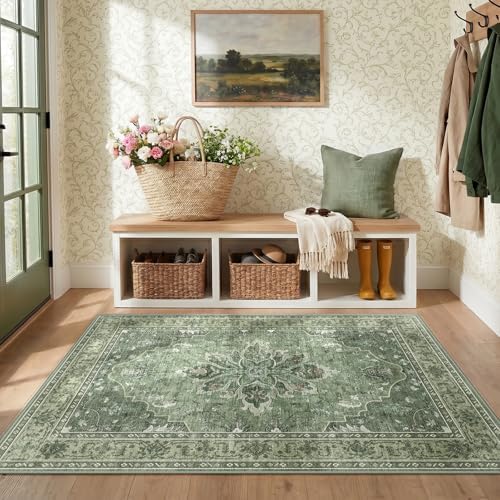 RELEANY Washable Area Rug, 3'x4', Green/Dark Green/Gray