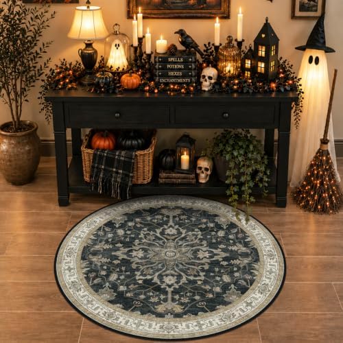 RELEANY Washable Area Rug, Round 6ft, Black/Vintage/Beige