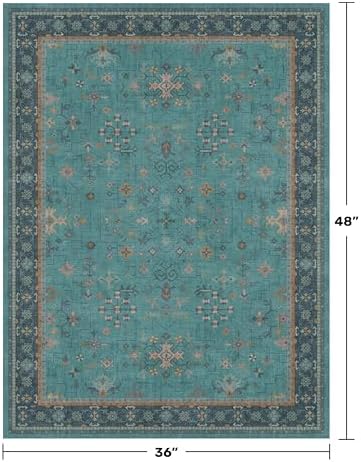 3x4 Teal Rugs for Entryway Indoor - Washable Non Skid Area Rug for Large Kitchen, Bedside, Bathroom, Mudroom, Boho Geometric Floral Design, Non Slip Low Pile Fade Resistant