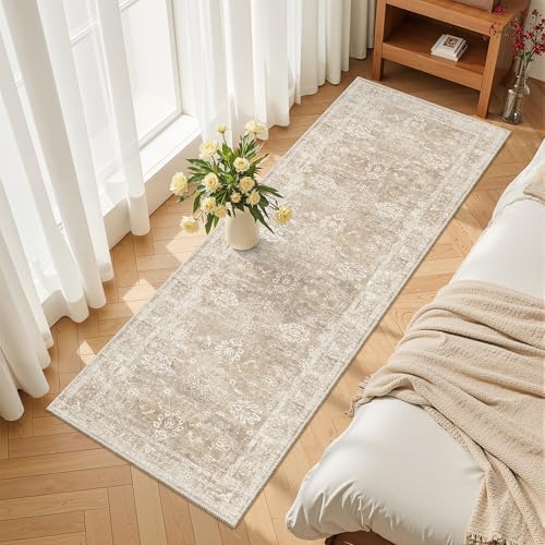 Madane Washable Runner Rug 2x5, Vintage Kitchen Hallway Rug Beige/Brown