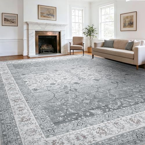 Amada Large 9x12 Washable Area Rug for Living Room, Silver/Gray, Vintage