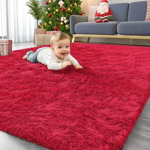 OLANLY Area Rugs for Living Room Bedroom, Machine Washable 4x5.9 ft Soft Fluffy Shaggy Bedside Rug, Indoor Floor Carpet for Kids Girls and Boys, Dorms, Nursery Rooms, Home Decor Aesthetic, Red