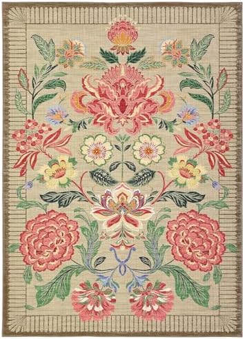 GarveeHome Floral Botanical Washable Rugs 5x7 Area Rug for Living Room, Camel Taupe Brown Vintage Boho Cottage Throw Rugs Low Pile Carpet for Bedroom Dining Nursery Rug