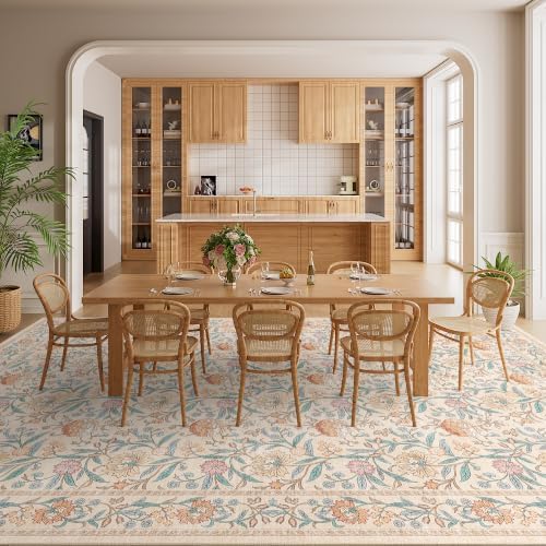 DUKINO 10x14 Area Rugs for Living Room, Washable Vintage Floral Rug, Beige