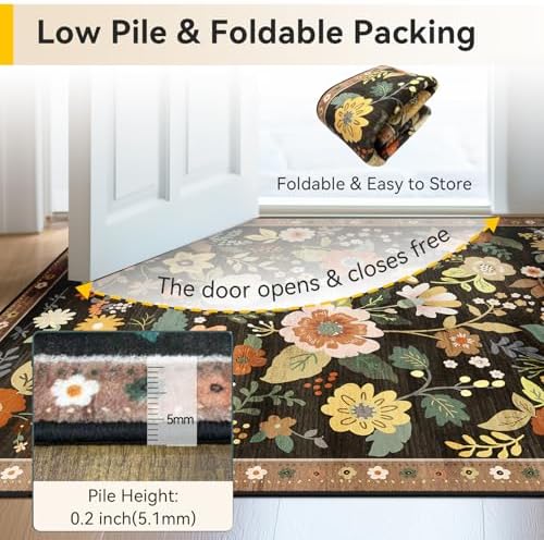 RELEANY Floral Washable 6x9 Area Rugs Black/Yellow