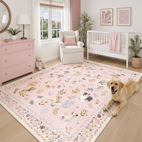 Soalmost Dog 6x9 Pink Area Rugs for Baby Girl Nursery, Washable Soft Rug