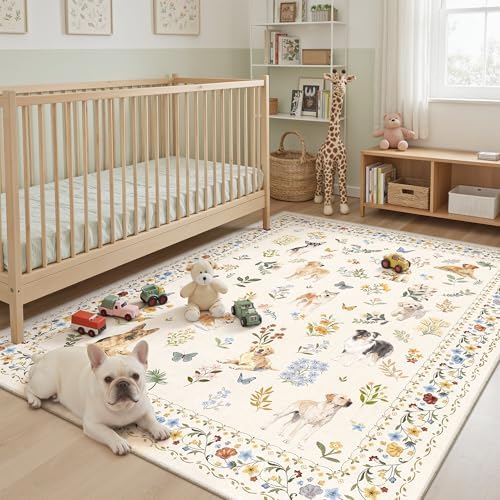 Soalmost Dog 5x7 Area Rugs for Living Room, Washable Animal Soft Rug Beige