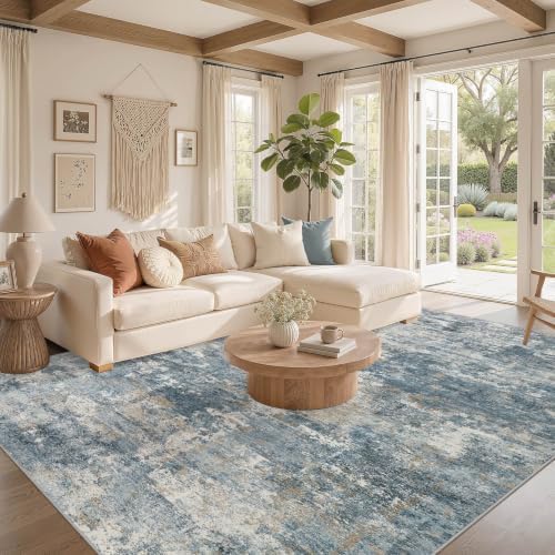 Nakagishi 8x10 Area Rugs Living Room: Washable Abstract Large Neutral Soft Rug Stain Resistant Modern Indoor Floor Non-Slip Carpet for Bedroom Nursery Kids Playroom Office Dining Room Dorm-Blue Brown