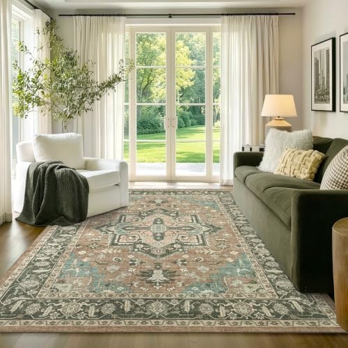 5x7 Ft Area Rugs for Living Room, Soft Non-Slip Machine Washable Rug, Vintage Stain Resistant Carpets for Bedroom Nursery Dining Room Home Decor (Brown)