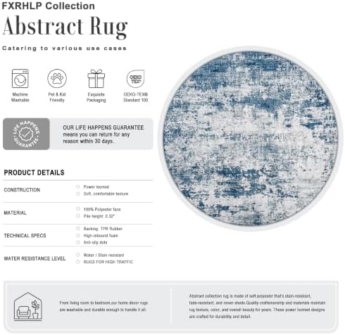 Round Area Rug Living Room: 6 ft Modern Washable Carpet Blue