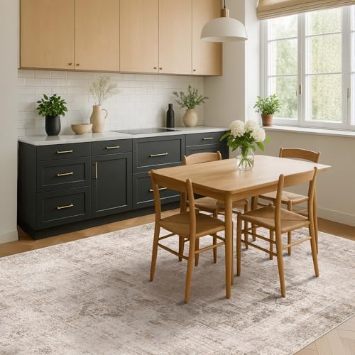 Farmhouse Area Rugs for Living Room - 7x10 Washable Modern Abstract Rug for Bedroom, Dining Room Under Table, Home Office, Soft Washable & Stain Resistance (Beige & Brown & Peach), Distressed Design