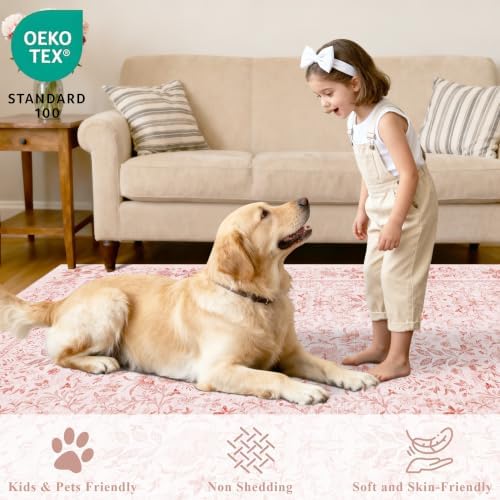 DUKINO 2x10 Runner Rug, Washable Vintage Floral Kitchen Rug, Pink