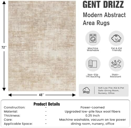 4x6 Area Rugs for Living Room: Washable Abstract Beige Bedroom Carpet