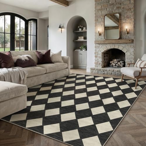 PureCozy Black 9x12 Washable Area Rug Living Room Non Slip Checkered Carpet